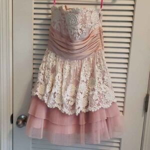 Betsey Johnson Pink Cotton Tape Lace Strapless Tulle Tea Party Cocktail Dres